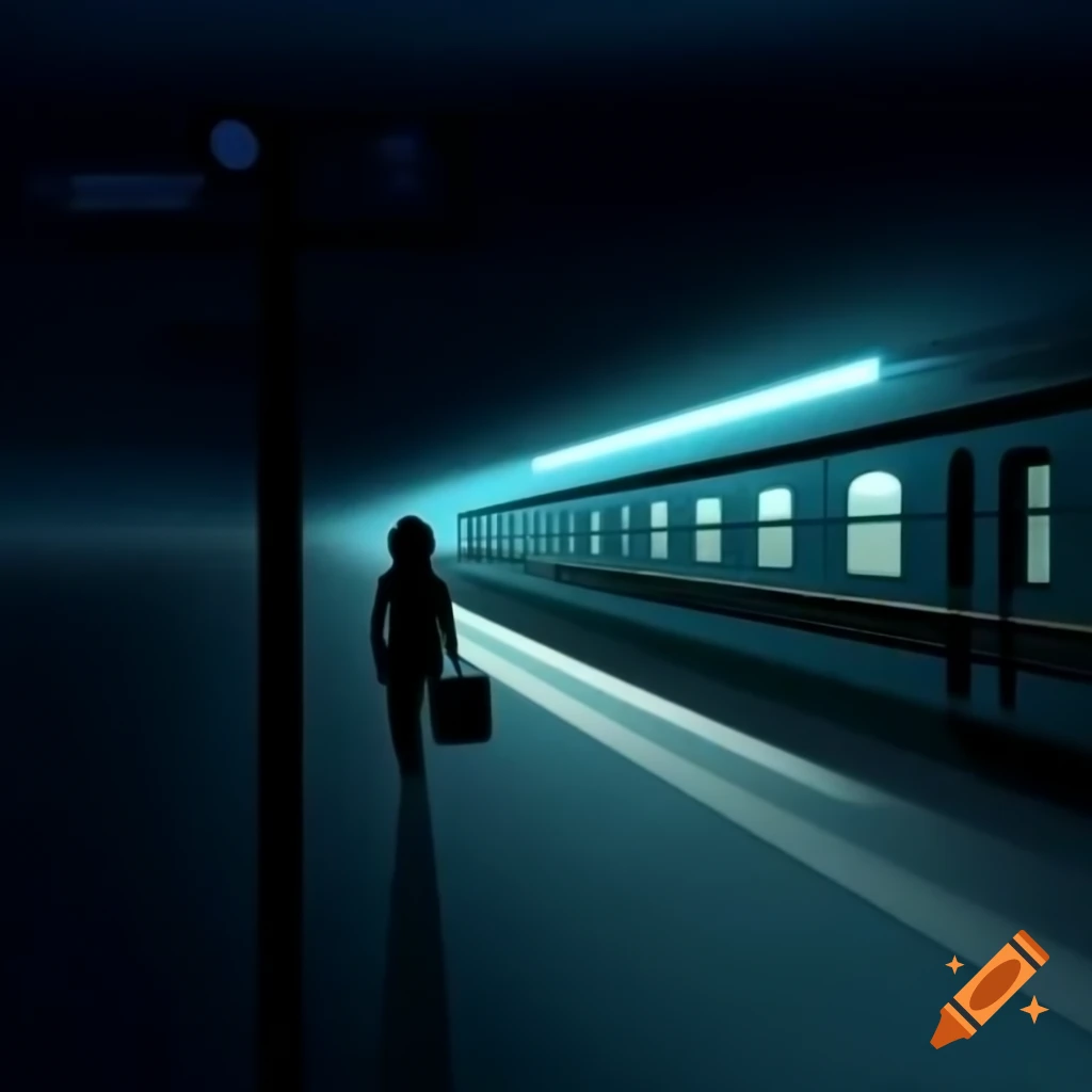 Empty train station at night with lone figure waiting on platform