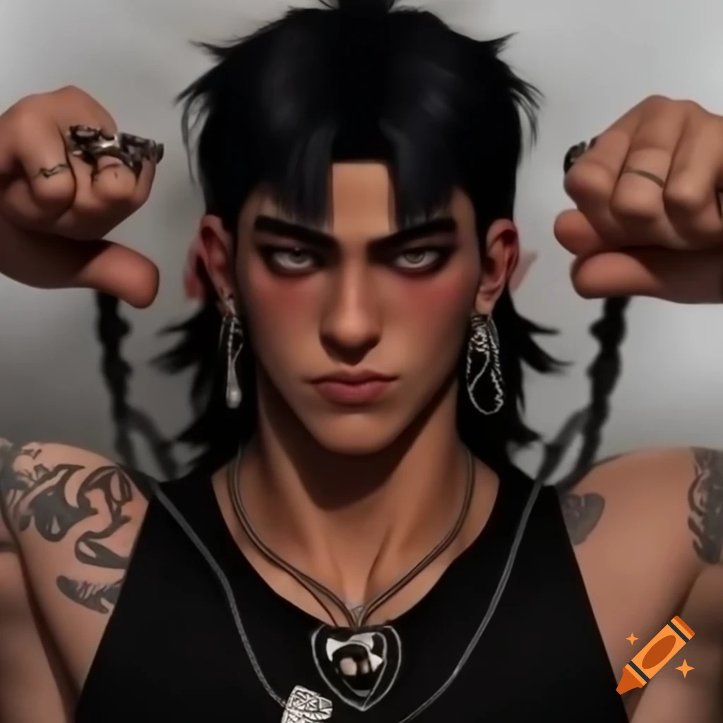 Tall muscular person with black hair and white highlights, multiple earrings and tattoos, wearing black shirt and pants