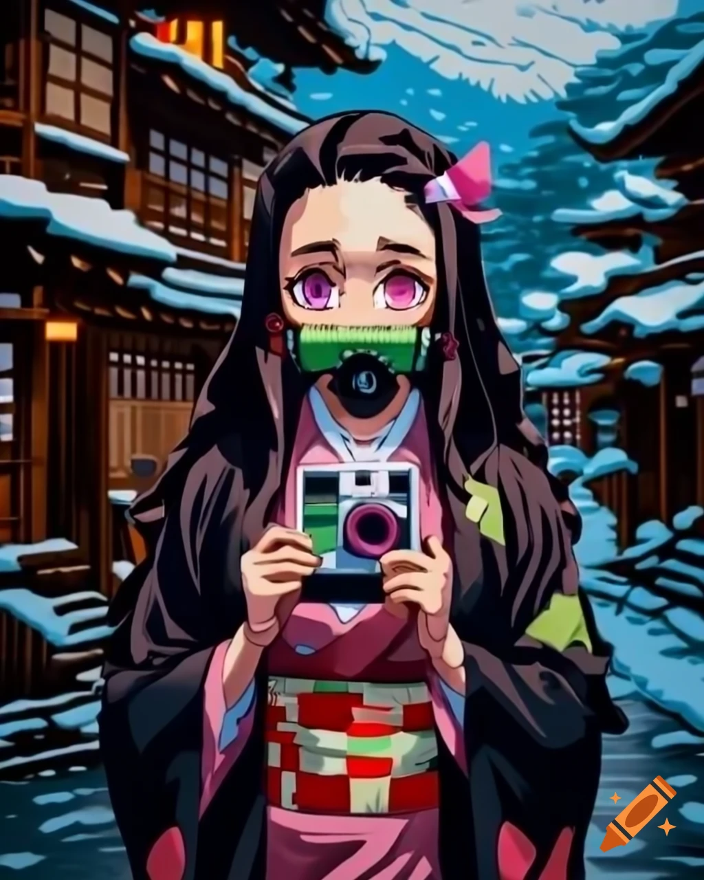 Fugitive encounter with Nezuko Kamado cosplay actress in snowy Japanese town, pixel art style