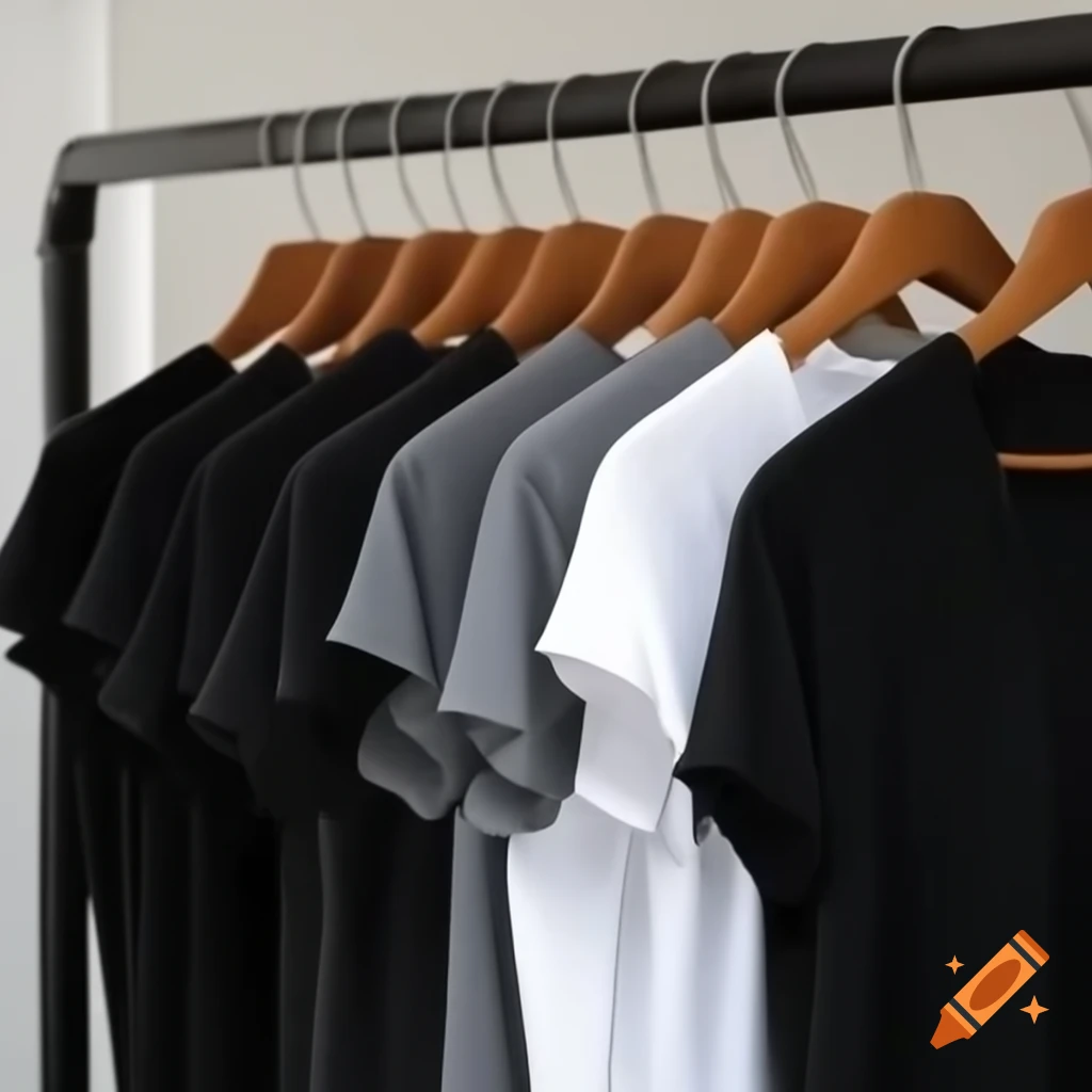 Black and white t-shirts hanging on wooden rack