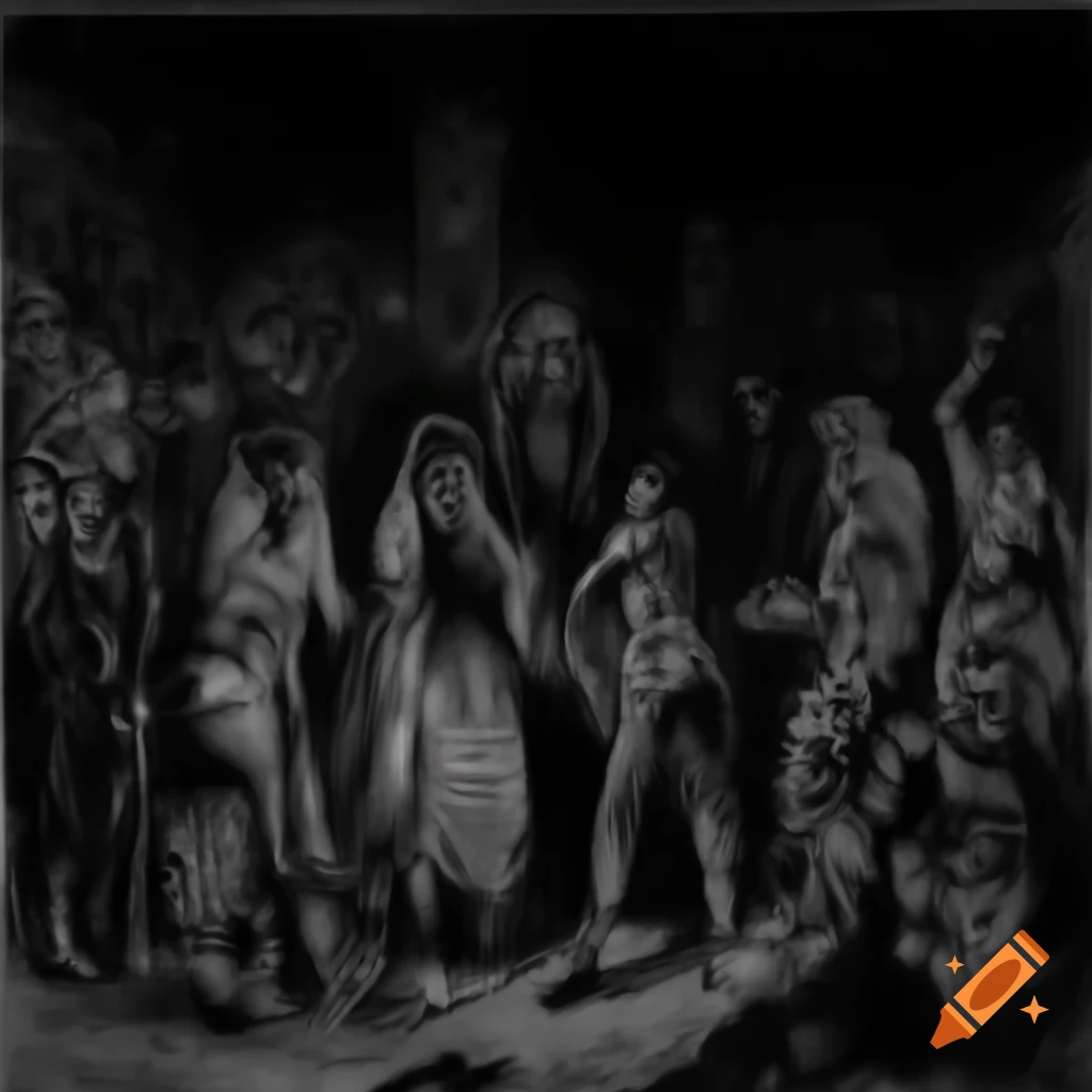 Eerie ink drawing of cultists illuminated by torches at night, detailed style