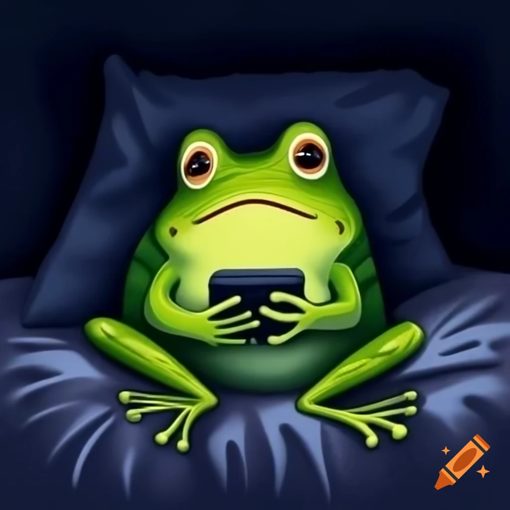 Frog sitting on bed watching phone in the dark