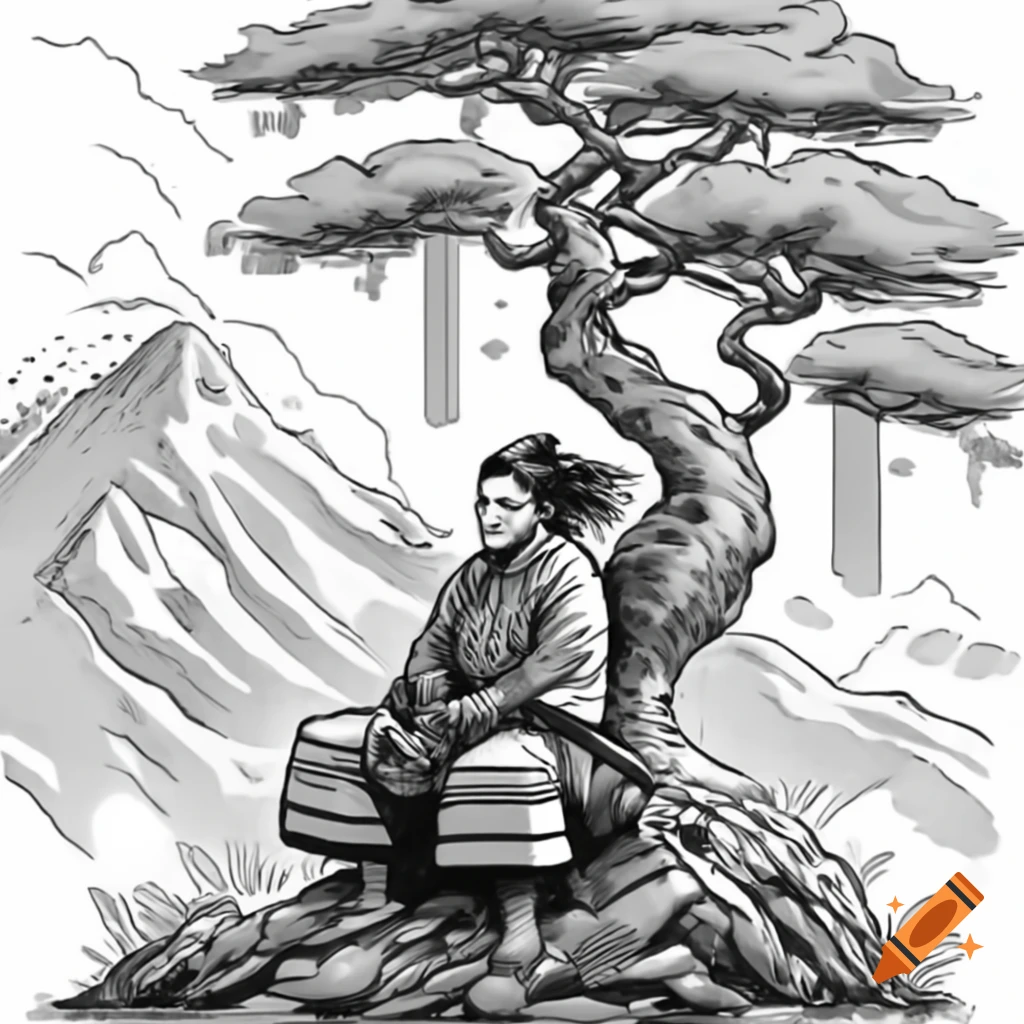 Samurai resting under a tree in tall mountains