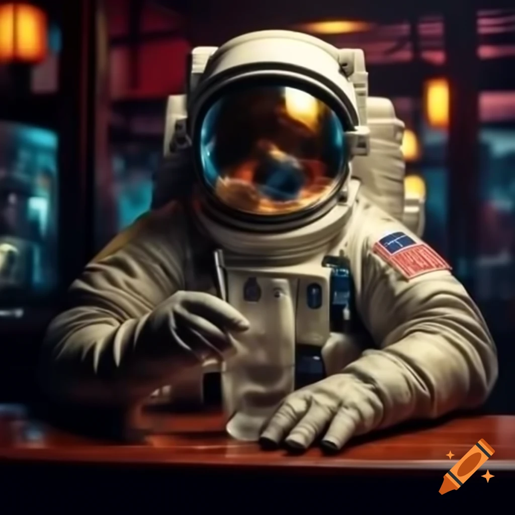 Astronaut enjoying a drink in a Chinese bar setting
