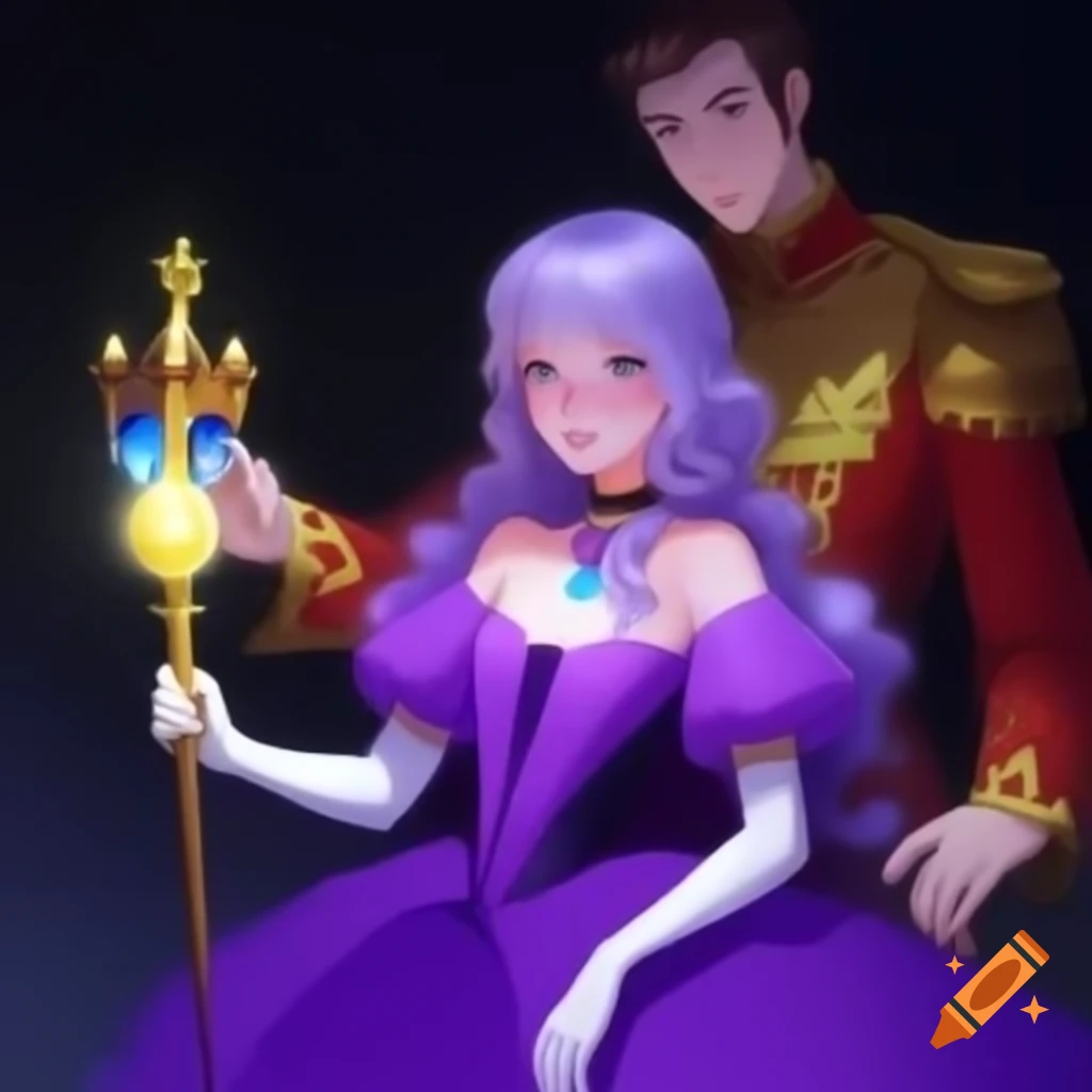 Anime girl in purple dress holding glowing scepter with prince