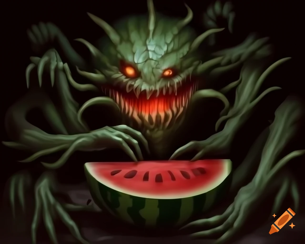 Creepy Lovecraftian creature resembling a watermelon in dark fantasy style