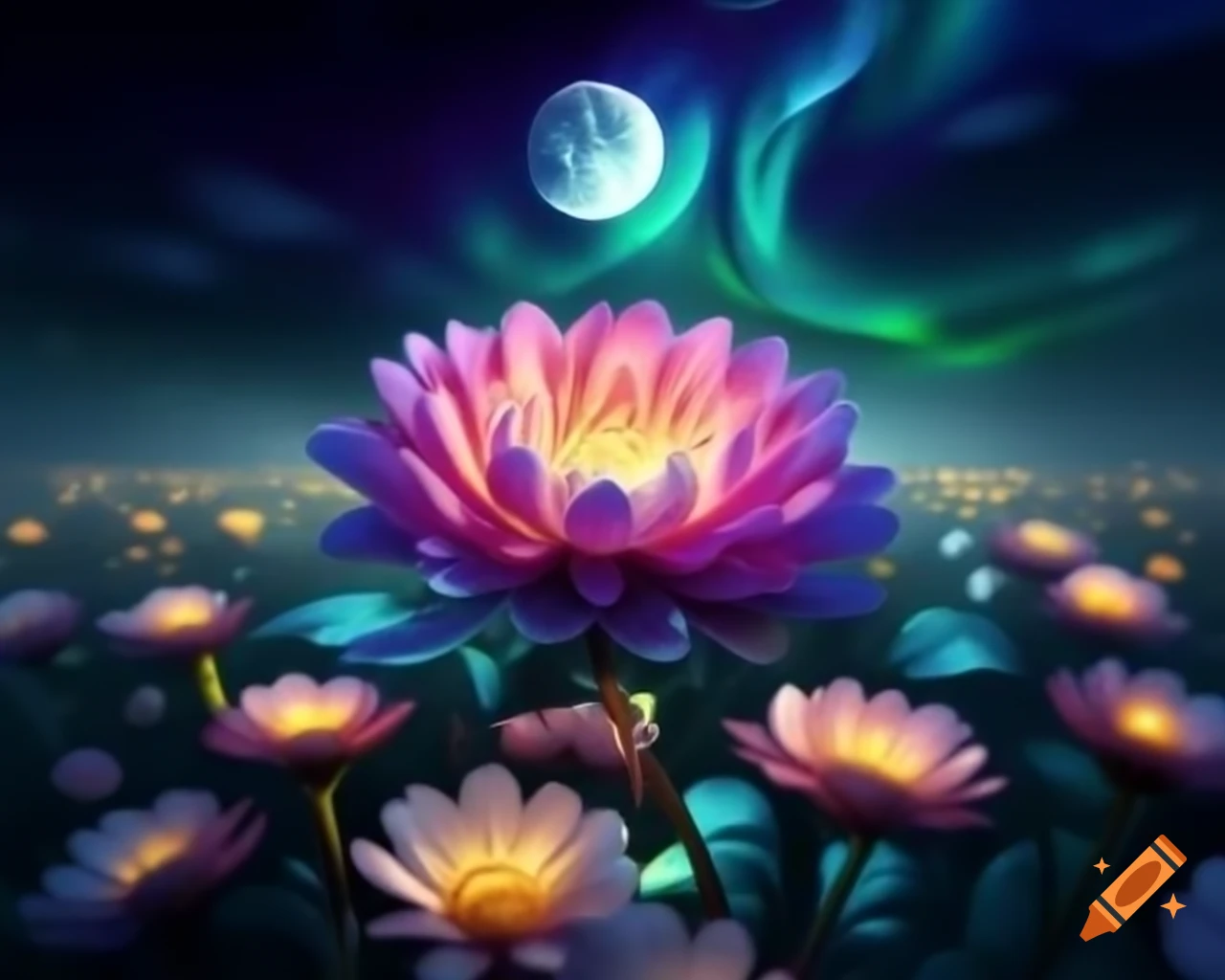 Aurora colored flower blooming under night sky with auroras and full moon