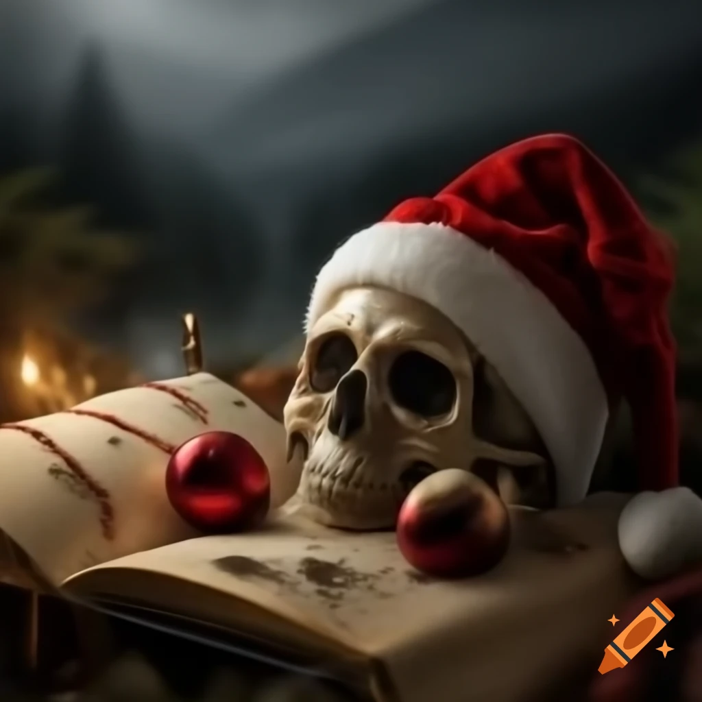 Close-up of horror-themed Christmas present with skull wearing Santa hat in misty Nordic township