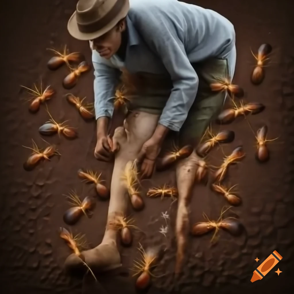 Man in panic with legs covered by ants