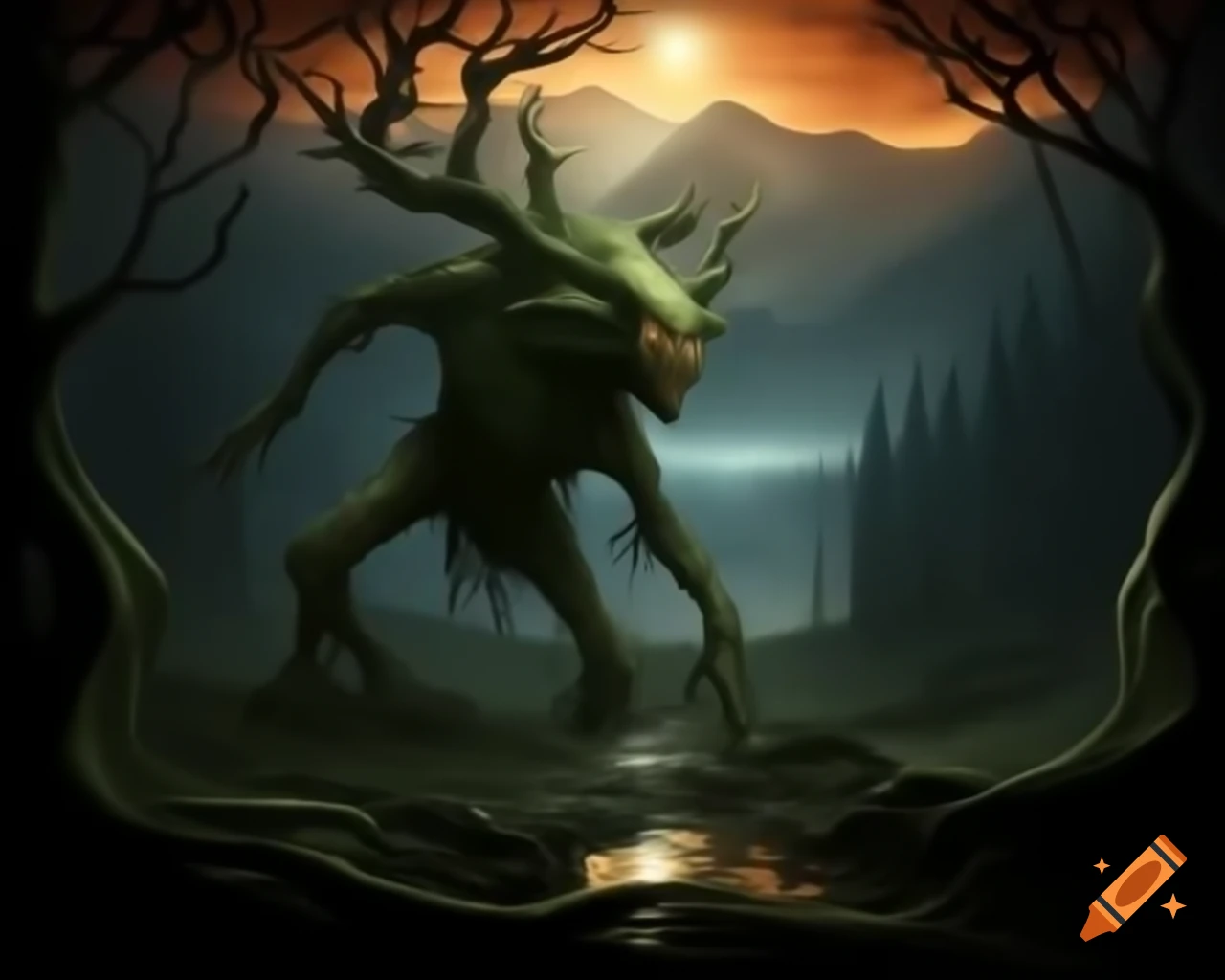 Dark fantasy scene with tree monster in forest near mountain lake