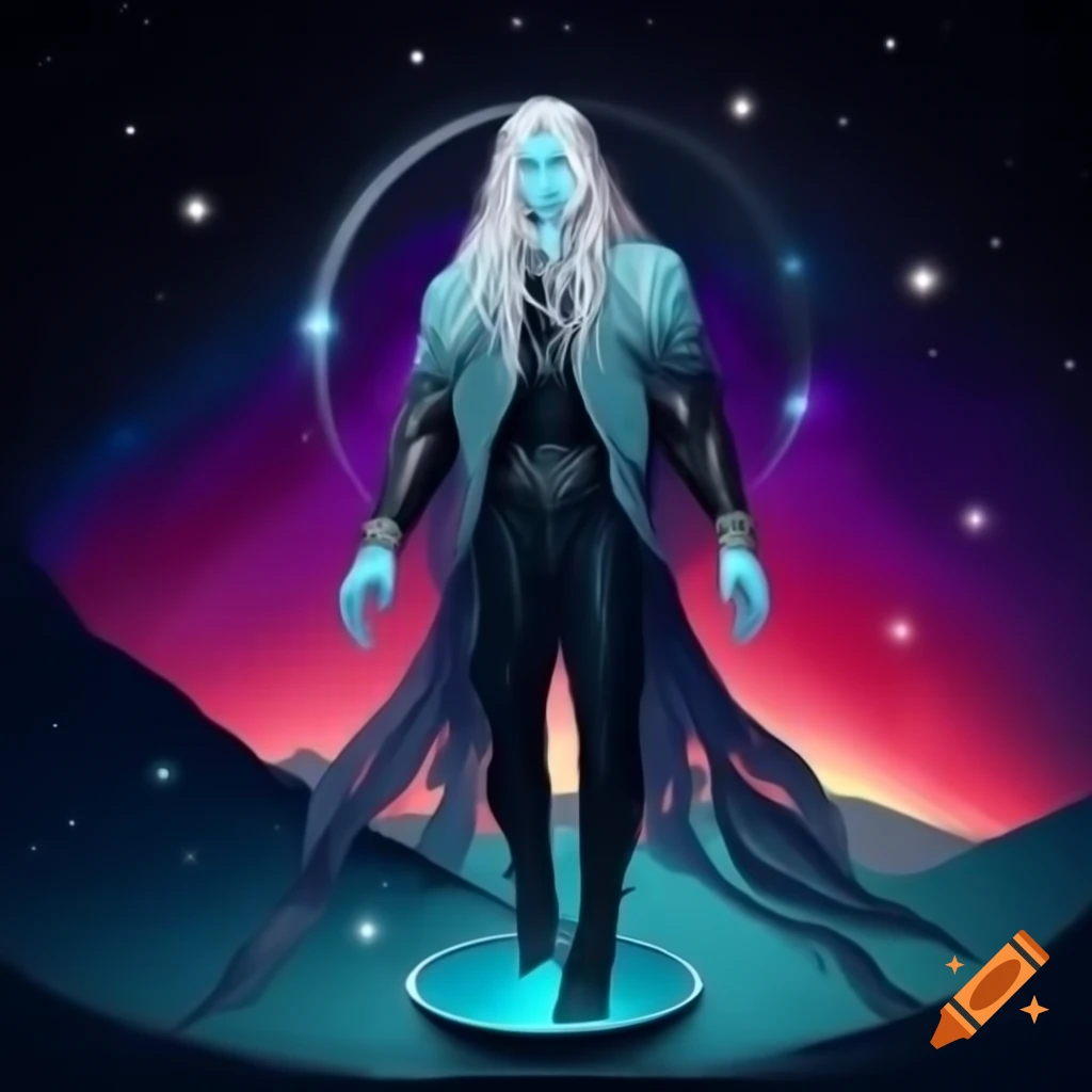 Ethereal being Zephyron with shimmering night sky skin and flowing white hair