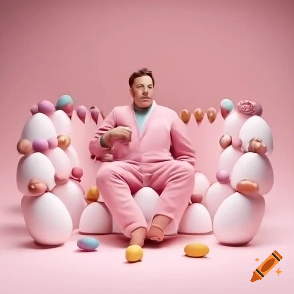 Elon Musk in pink onesie surrounded by babies in an egg carton, photorealistic