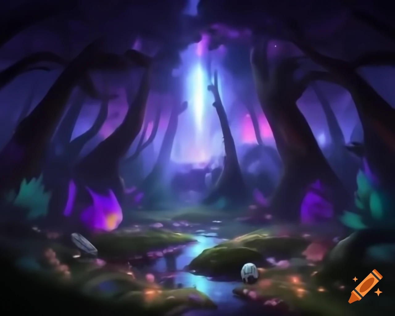 Mystical forest filled with mythical creatures and vibrant trees