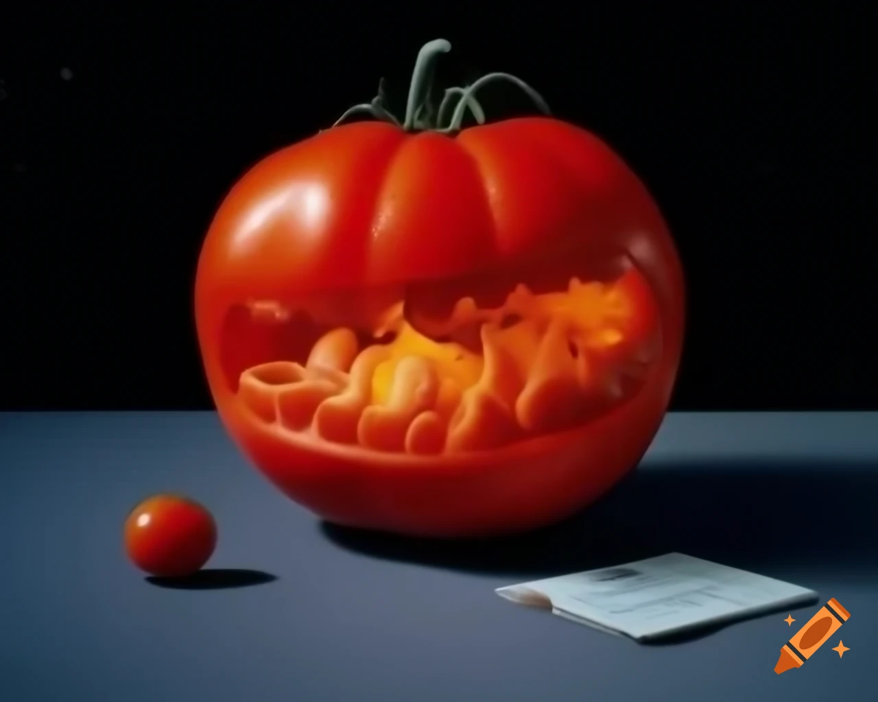 Hyper-realistic tomato sculpture in breathtaking landscape