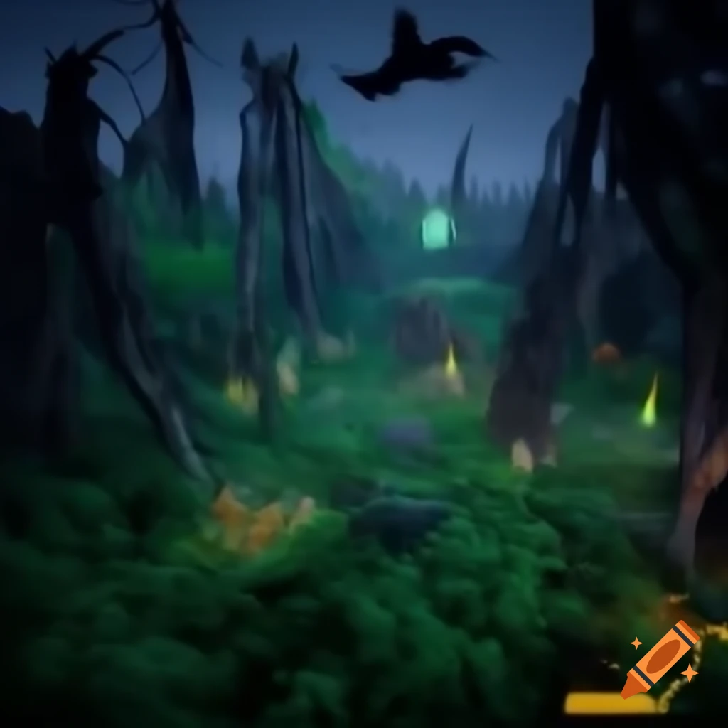 Surreal 3D video game environment with lush forests and dark witchy aesthetics
