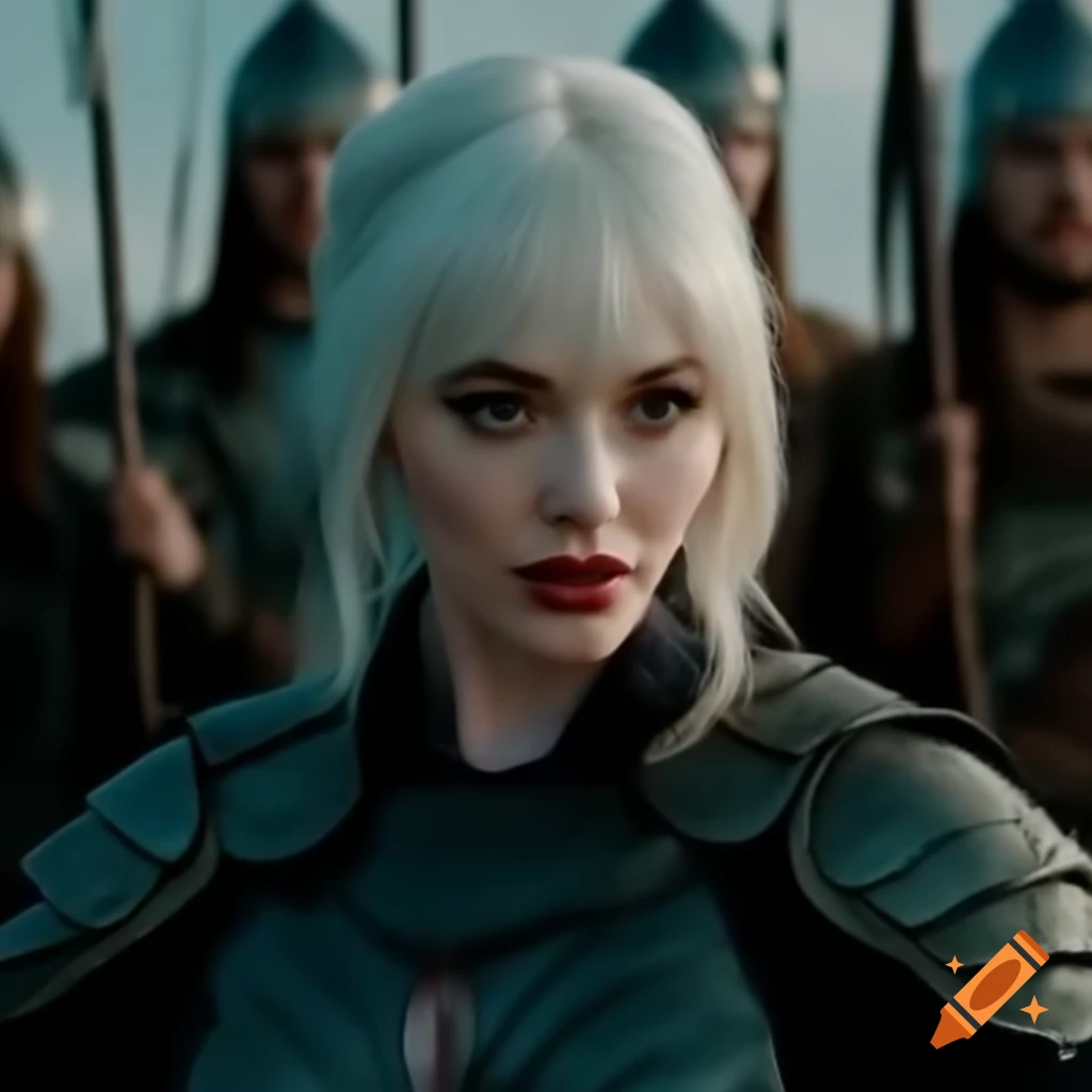 Ultra wide shot of warrior cosplay featuring Christina Hendricks with short white hair