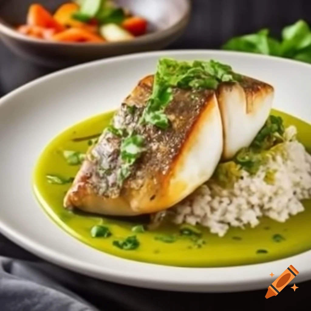 Seared sea bass fillet with herb sauce, seasonal vegetables, and jasmine rice
