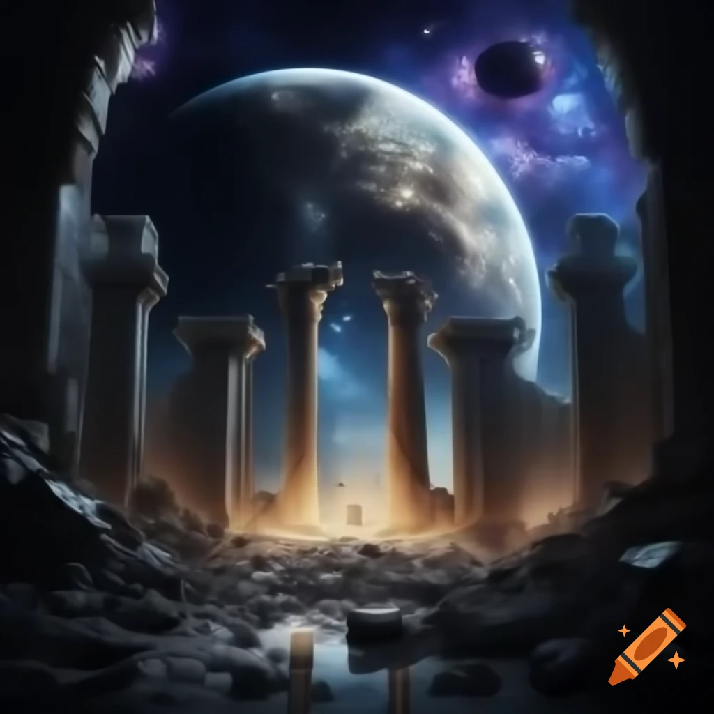 Surreal cosmic dream war aftermath with ruins and destruction, suggesting mystery