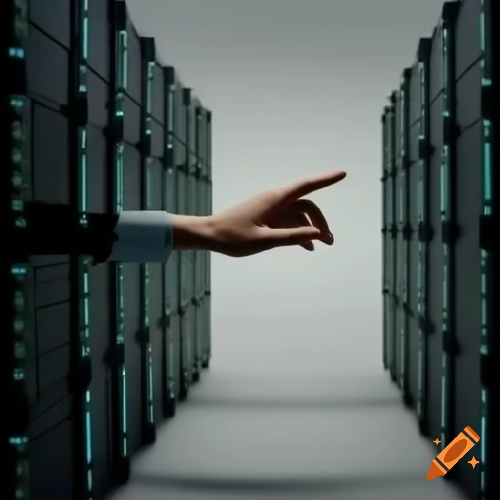 Hand pointing from a database disk pack, symbolizing data movement