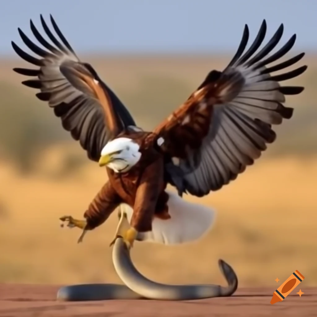 Brazilian harpy eagle attacking a snake, showcasing large talons and outstretched wings