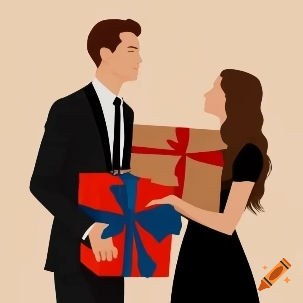 Man in black suit with presents following a brunette woman in black dress, illustration