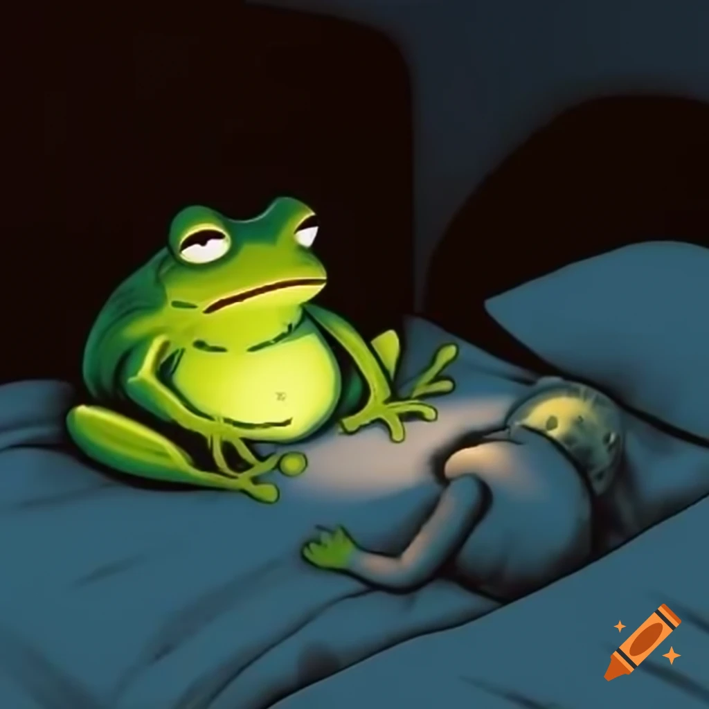 Frog observing phone in bed, inspired by Rockwell, Schiele, Bacon, and Durer