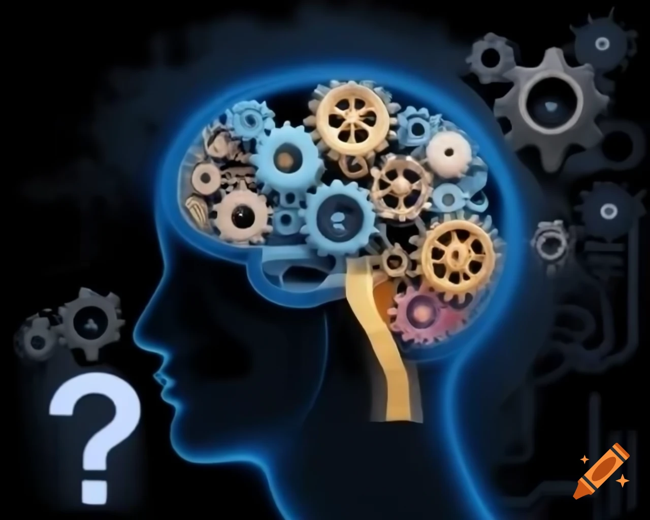 Stylized brain with gears and circuitry alongside fantastical creature divided by question mark
