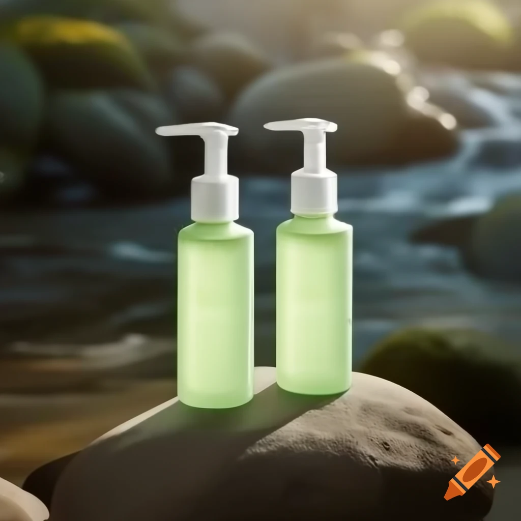Light green skincare products with white pump on stone by flowing water, soft natural light