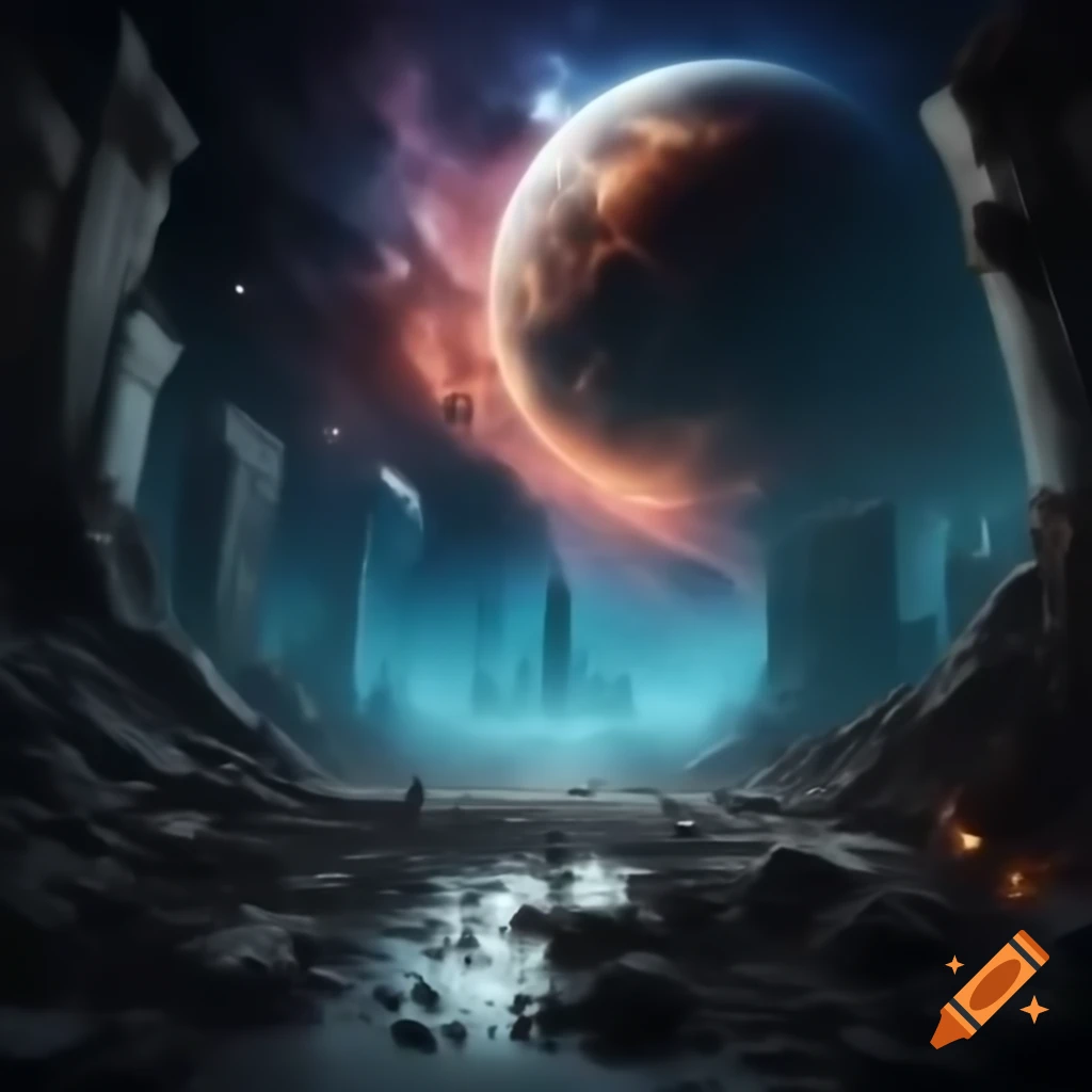 Surreal cosmic scene of aftermath with entities clashing in ruins