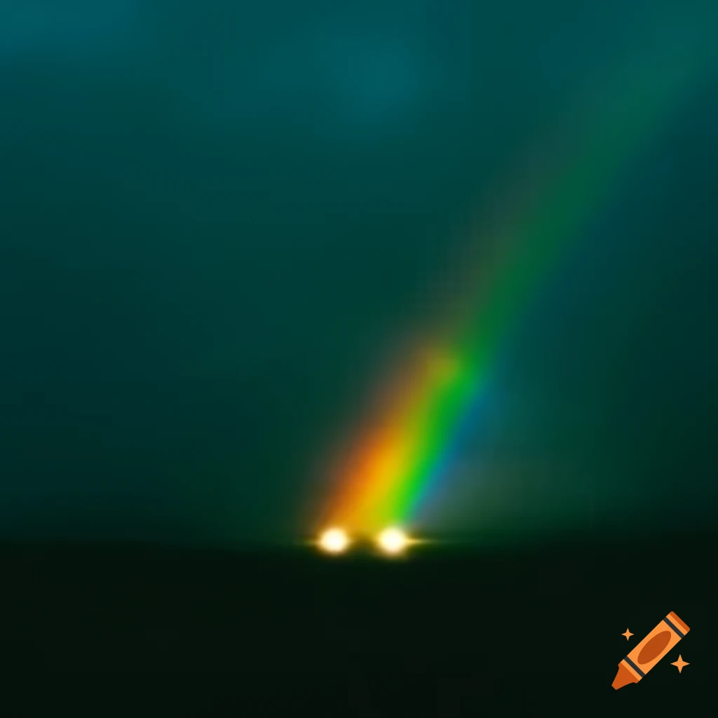 Green lights illuminating a rainbow in fog, creating a mysterious atmosphere