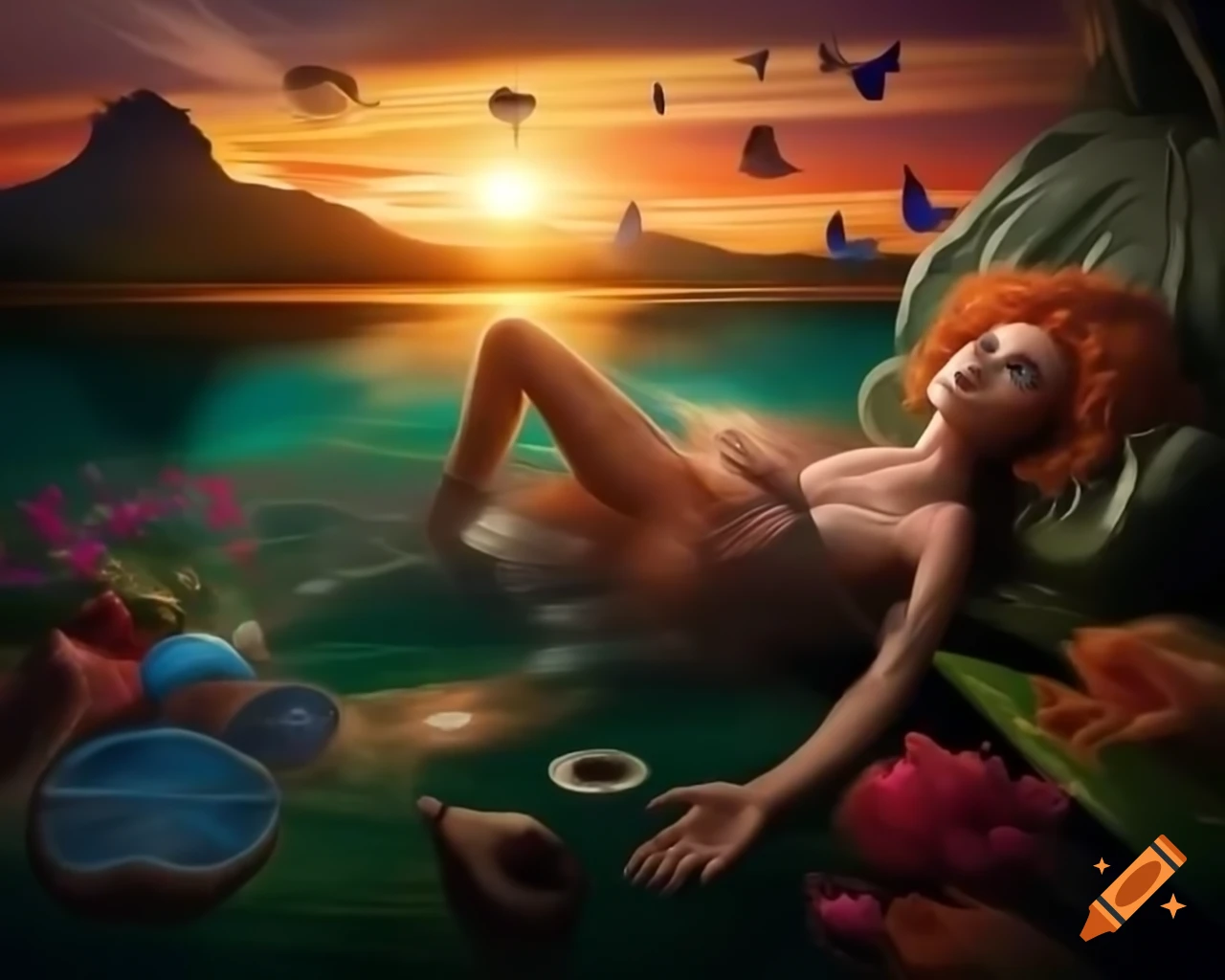 Beautiful woman in tropical paradise with colorful objects and butterflies