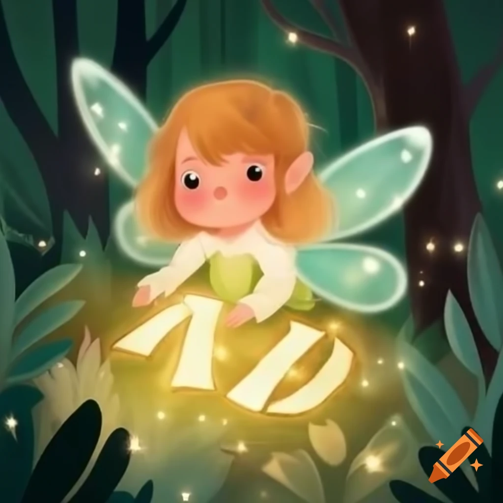 Magical fairy teaching children to spell with sparkling letters in a forest