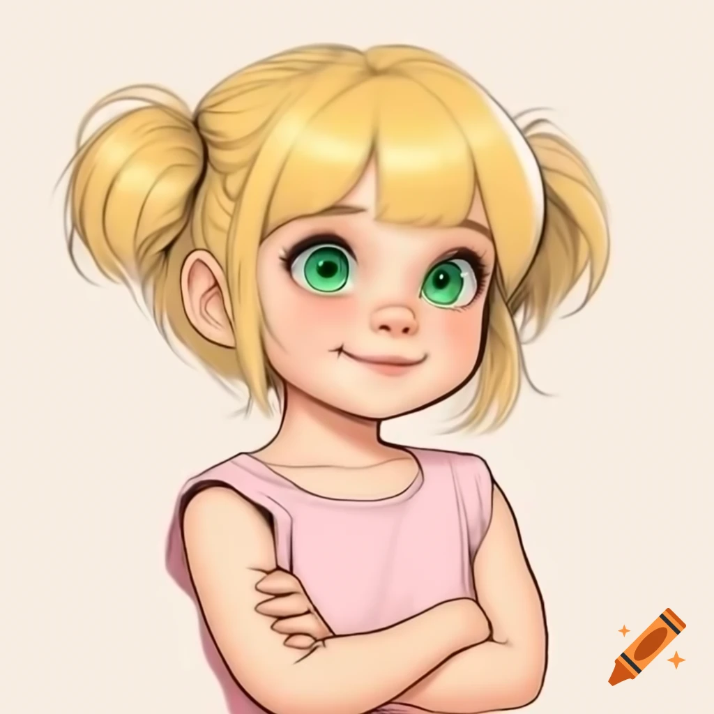 Anime girl with blonde hair and green eyes in pink sleeveless t-shirt, arms crossed