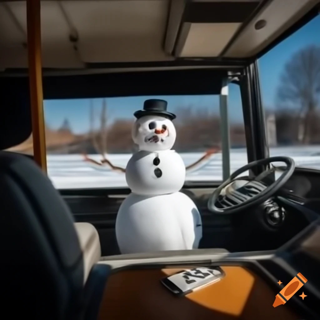 Snowman sitting in a bus driver's seat on a sunny day