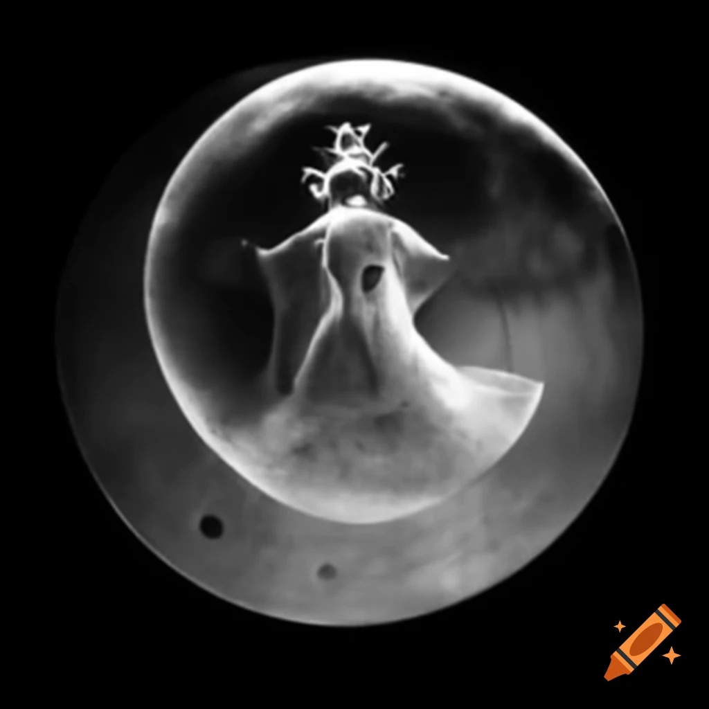 Female drow dancing on silver moon disk wearing a crown