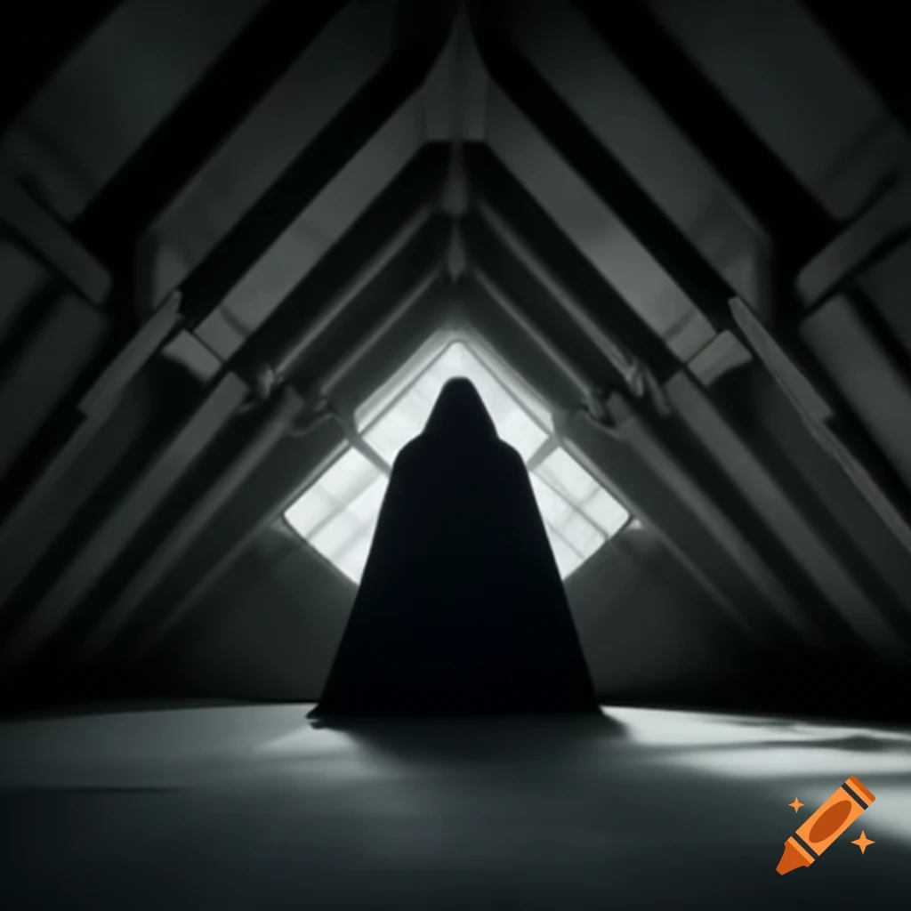 Mysterious hooded figure in brutalist interior setting