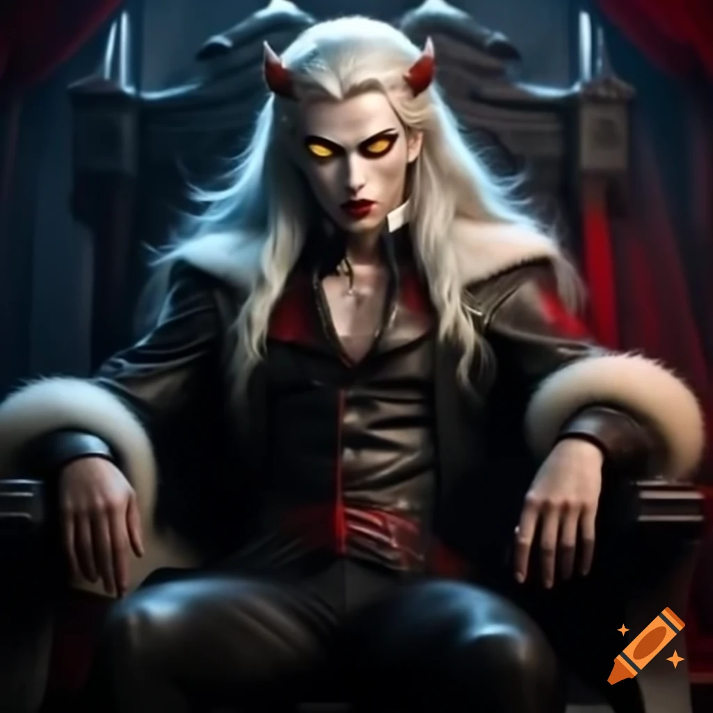 Young vampire prince with long white hair and yellow eyes in black robe on throne
