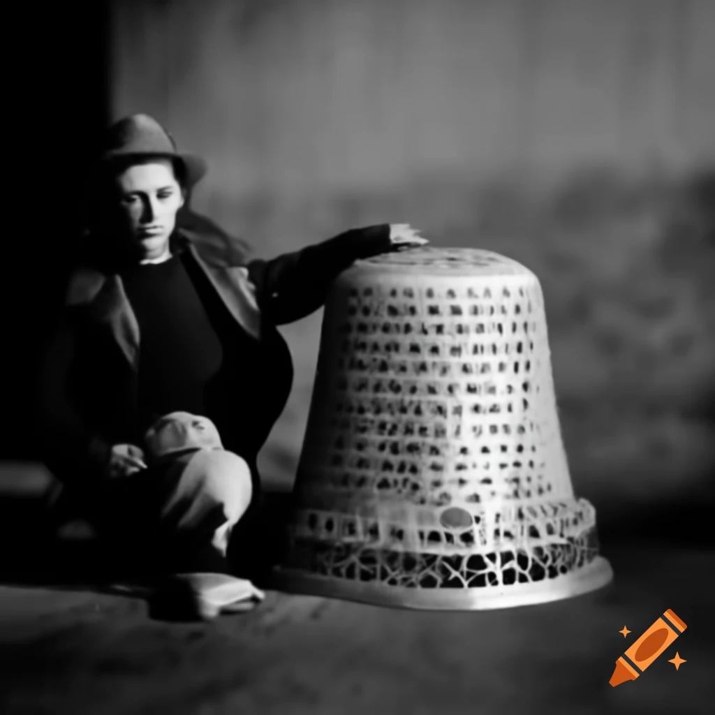 Man sitting on a thimble, whimsical scene