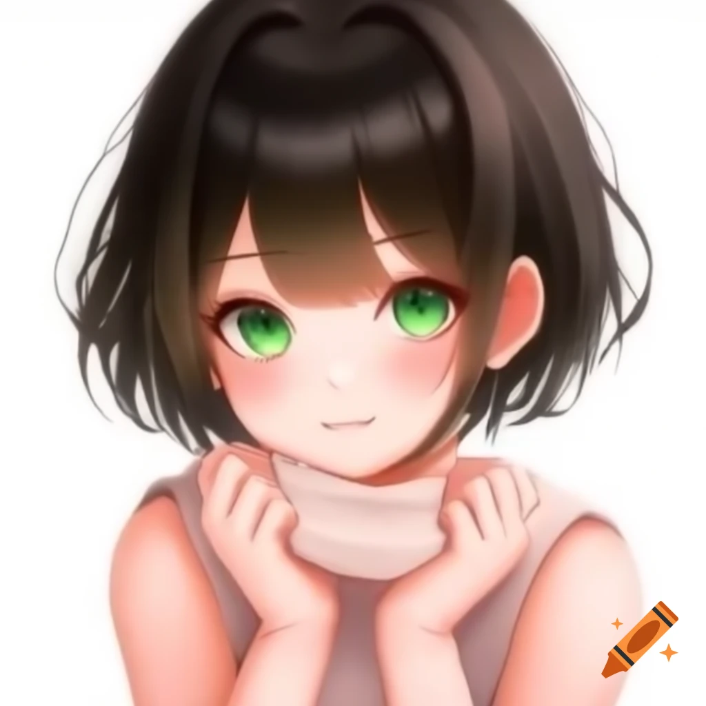 Anime girl with blonde hair and dark green eyes, arms crossed in pink t-shirt