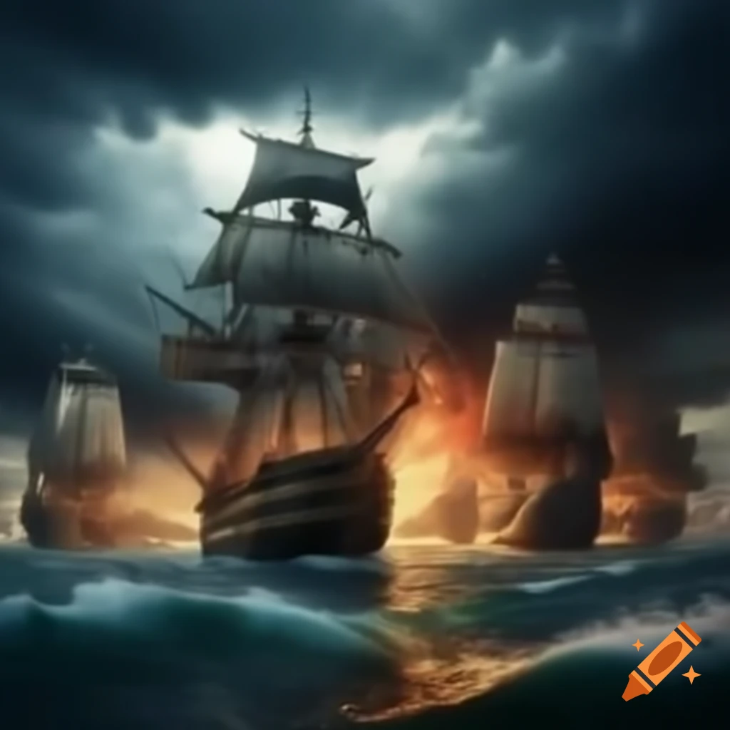 Naval battle with burning ship and pirates in stormy sea