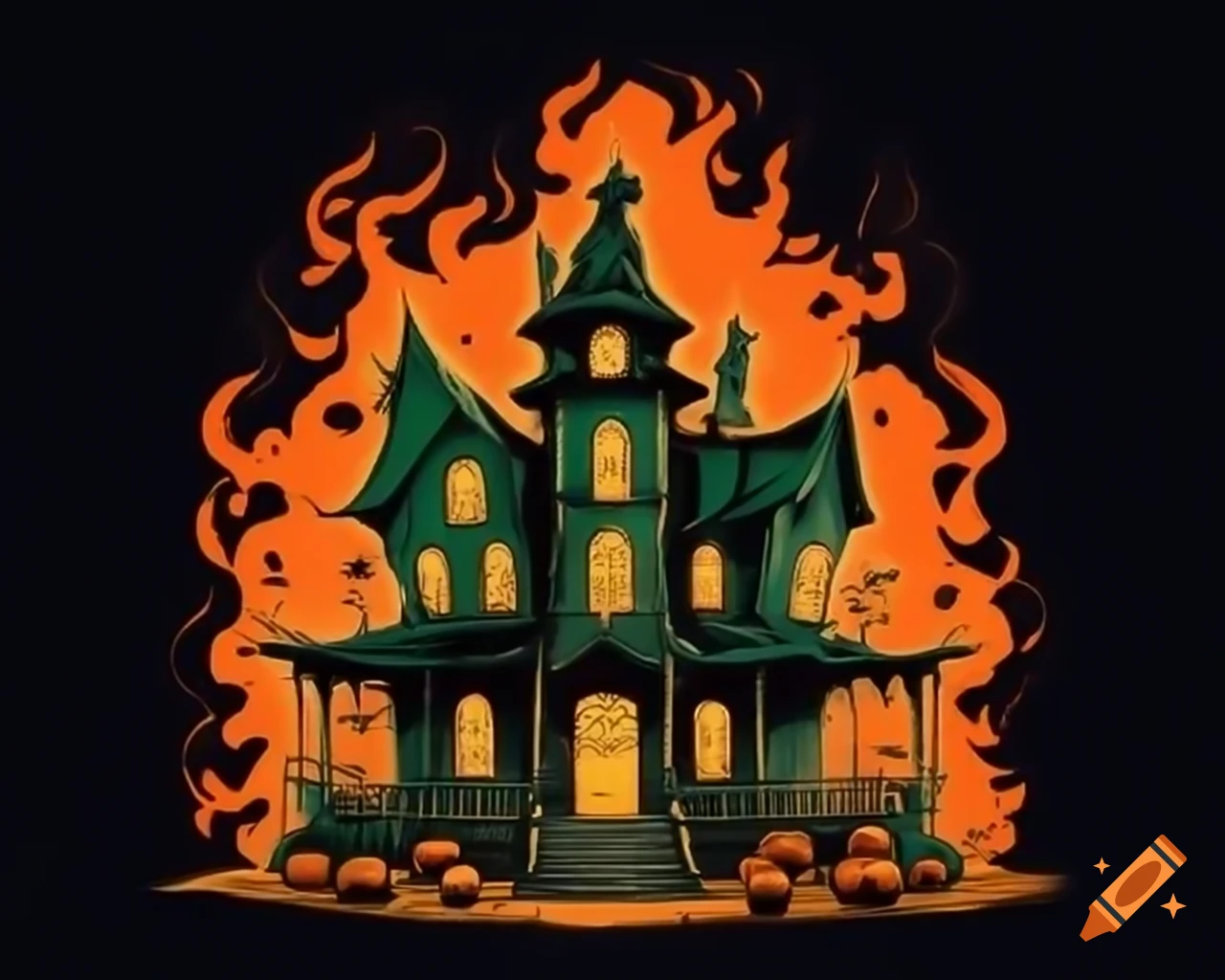 Haunted Halloween pumpkin house in smoky orange, green, black, and gold cartoon style