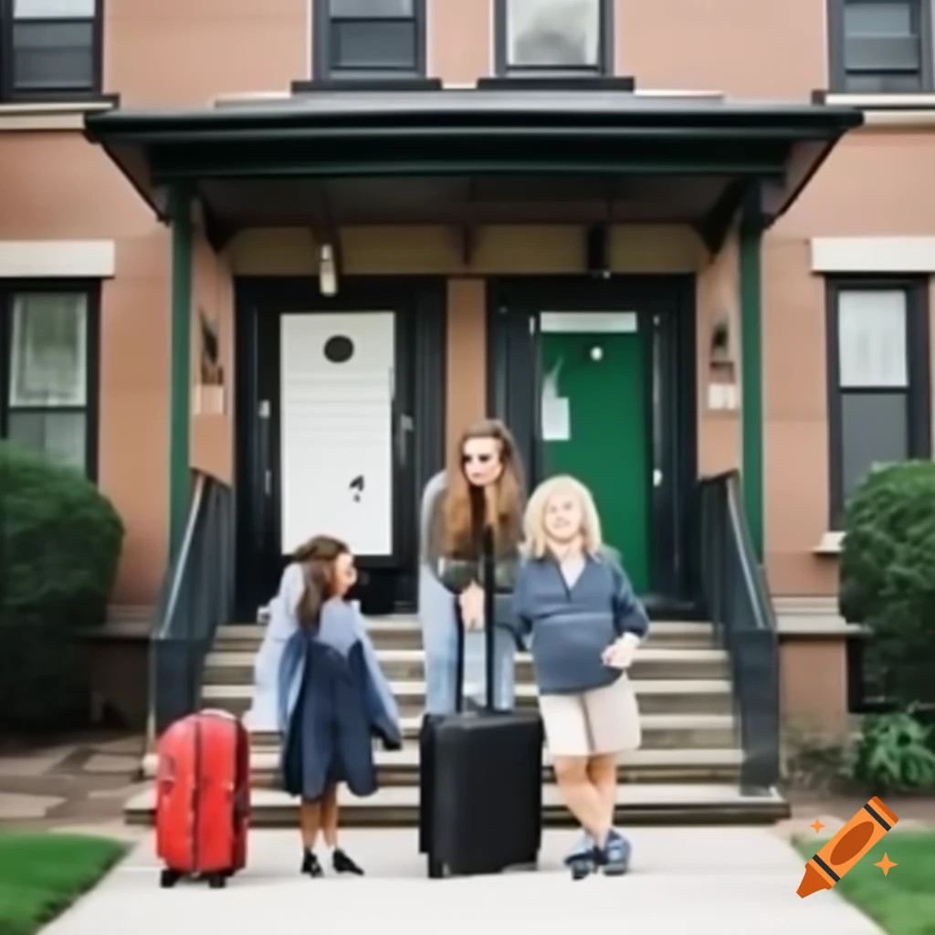 Family with suitcases in front of dark green apartment building