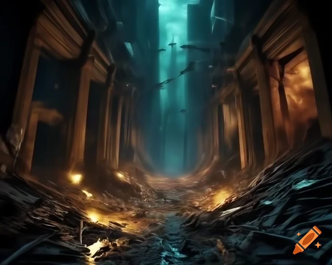 Post-apocalyptic scene depicting humanity rebuilding amidst darkness and ruin