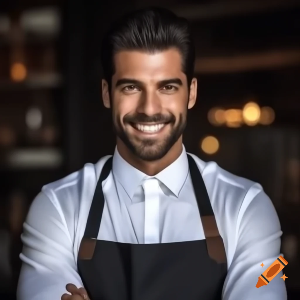 Brazilian male waiter in black apron and white shirt, smiling, ultra realistic