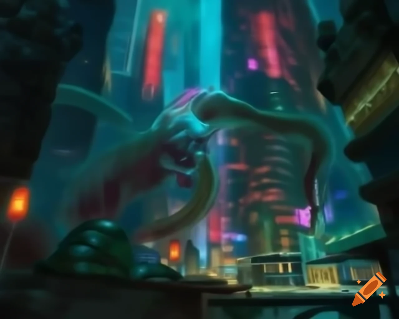 Surreal Biopunk cityscape blending technology and biology