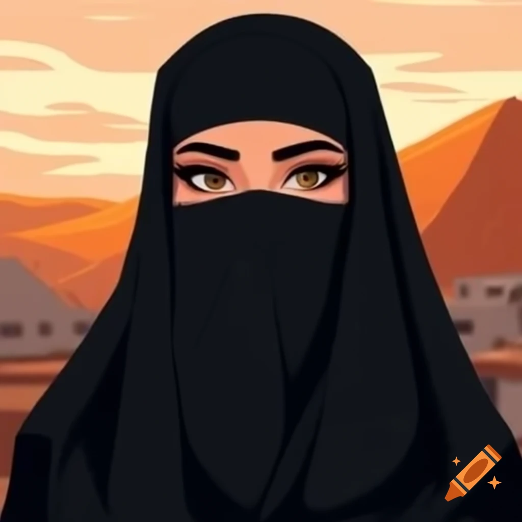 Niqabi girl applying eyeliner and mascara while watching sunset