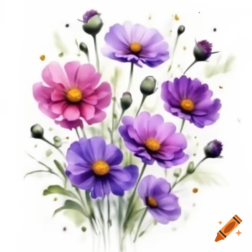 Purple and green watercolor sketch of Cosmos flowers with black outlines