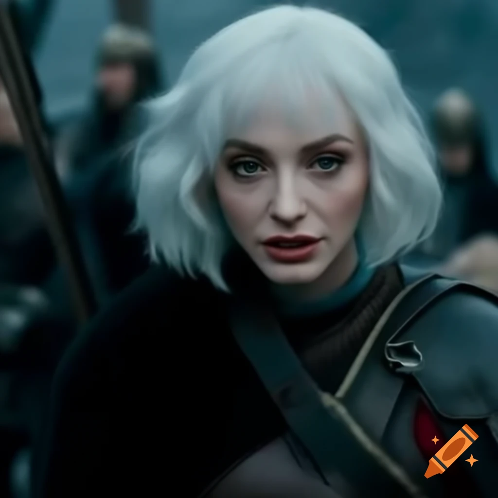 Cosplay of warrior character by Christina Hendricks with short white hair