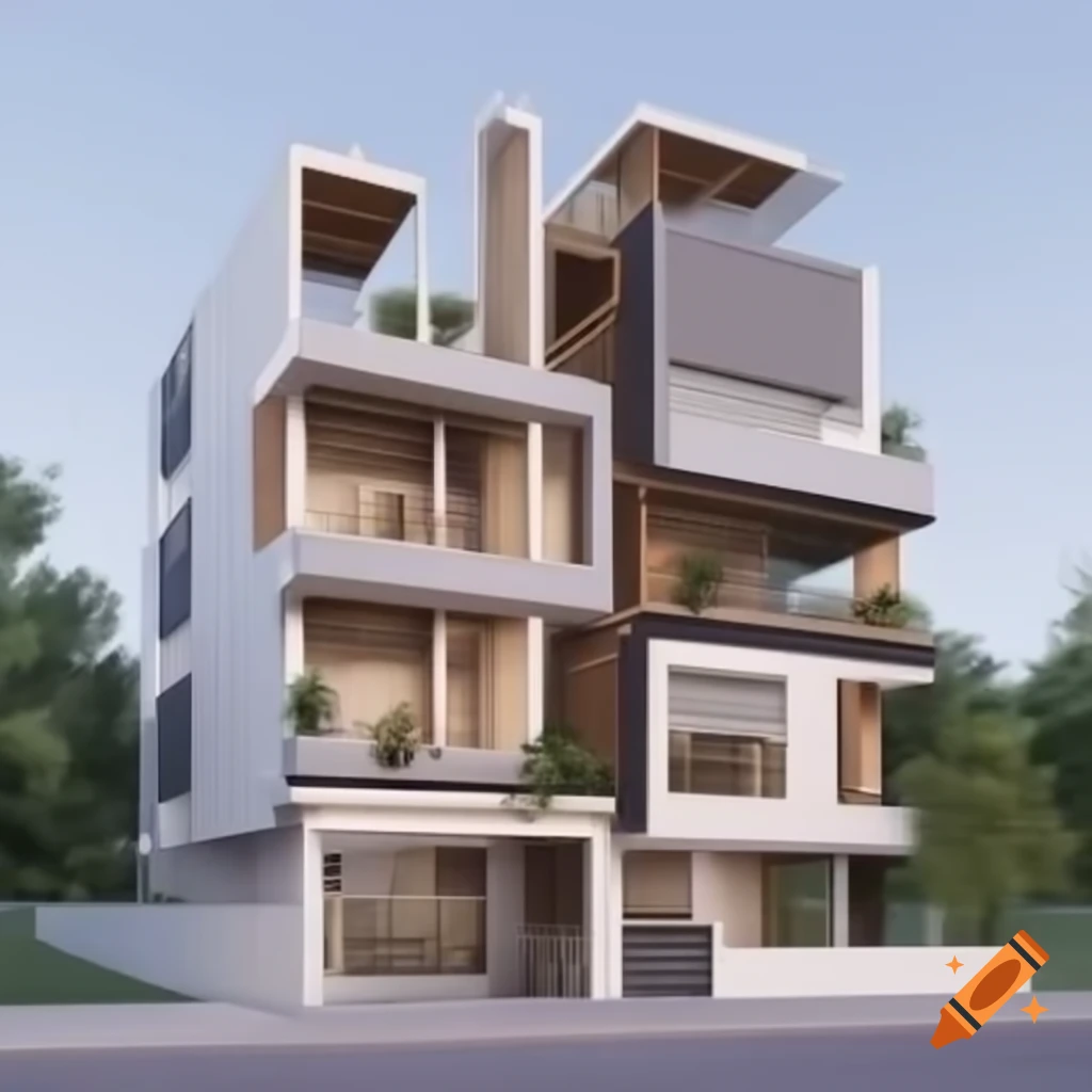 Realistic 3D model of a modern 5-story residential building with contemporary design features