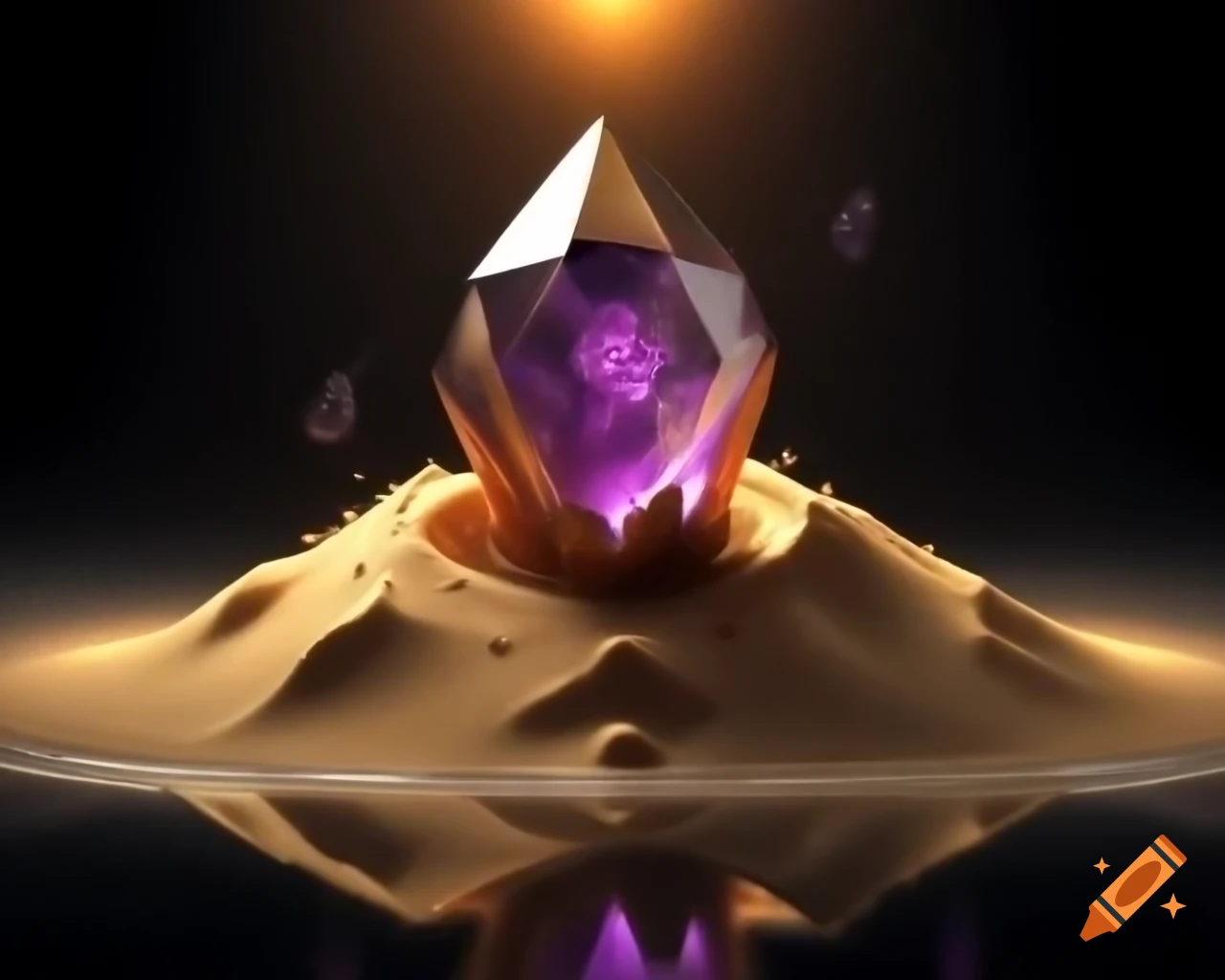 Golden metallic sand with purple glowing crystal wrapped in copper bands with faint human-shaped shadow